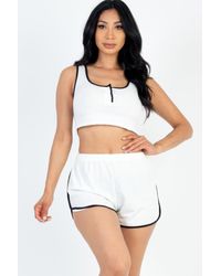 Fashnzfab - Casual French Terry Sleeveless Button Front Contrast Trim Cropped Tank Top And Shorts Set - Lyst