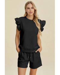 TRUEDAMES - Full Size Texture Round Neck Ruffle Sleeve Top And Shorts Set - Lyst