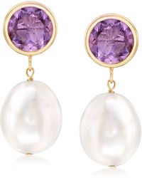 Ross-Simons - 10-11mm Cultured Pearl And Amethyst Drop Earrings - Lyst