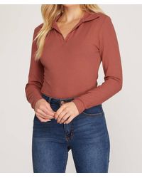 She + Sky - Long Sleeve Ribbed Knit Collared Bodysuit - Lyst