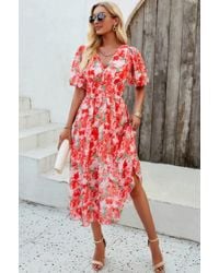 TRUEDAMES - Fashnzfab Floral V Neck Puffed Sleeve High Waist Dress - Lyst