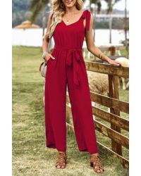 TRUEDAMES - Solid Belt V Neck Wide Leg Fit Jumpsuit - Lyst