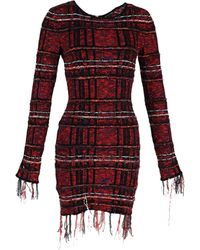 Balmain - Checked Tweed Fringed Long Sleeve Mini Dress - Lyst