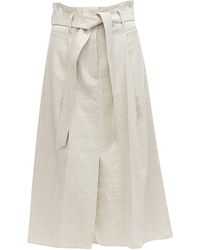 Brunello Cucinelli - Beige Cotton Linen Tie Belt A-line Midi Skirt - Lyst