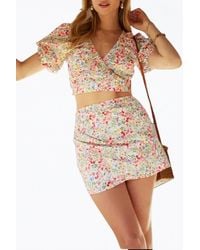 Endless Blu. - Floral-Print Ruched Stretch Cotton-Voile Mini Skirt - Lyst