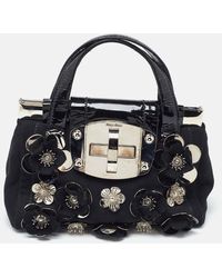 Miu Miu - Canvas And Patent Leather Flower Embellished Satchel - Lyst