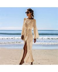 TRUEDAMES - Sexy Hollow-Out Knitted Beach Dress Long Sleeve Split Hem Bikini Cover-Up, Vacation Maxi Kimono - Lyst