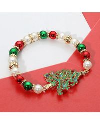 Fashnzfab - Stone Paved Christmas Tree Charm Holiday Pearl Beaded Stretch Bracelet - Lyst