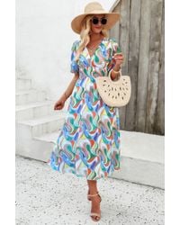 TRUEDAMES - Floral V Neck Puffed Sleeve High Waist Dress - Lyst