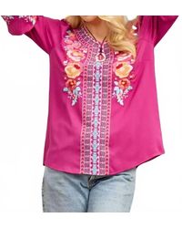 Savanna Jane - Split Neck Bell Sleeve Embroidered Top - Lyst