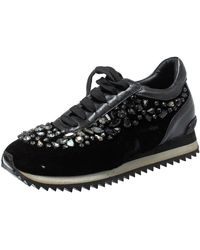 Le Silla - Velvet And Leather Crystal Embellished Low Top Sneakers - Lyst
