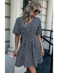 TRUEDAMES - Allover Print V Neck Flounce Sleeve Fit Dress - Lyst