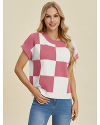 TRUEDAMES - Full Size Checkered Round Neck Short Sleeve Sweater - Lyst
