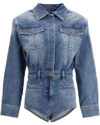 Self-Portrait - Denim Jumpsuit With Rhinestone Embellishments - Lyst