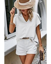 TRUEDAMES - Solid Button Trim V Neck Loose Fit Blouse - Lyst