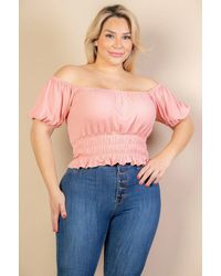 TRUEDAMES - Plus Size Casual Ruched Puff Sleeve Ribbed Knit Solid Top - Lyst