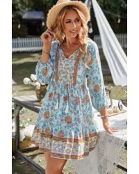 TRUEDAMES - Fashnzfab Floral Printed Button Down V Neck Long Sleeve Dress - Lyst