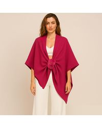 TRUEDAMES - Fur Strap Trim Solid Knit Ruana Poncho - Lyst