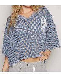 Pol - Distressed Open Knit Denim Top - Lyst