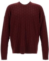 Plan C - Checked Burgundy Wool Sweater With Ribbed Crew Neck - Lyst