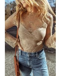 TRUEDAMES - Apricot Lace Mesh Crochet Splicing Slim Fit Long Sleeve Blouse - Lyst