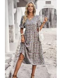 TRUEDAMES - Boho Floral Ruffle Hem V Neck Short Sleeve Dress - Lyst