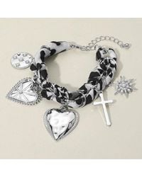Fashnzfab - Metal Heart Cross Pearl Paved Starbusrt Medal Charm Station Leopard Printed Fabric Chain Bracelet, Rhodium - Lyst