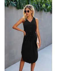 TRUEDAMES - Solid V Neck Drawstring Waist Curved Hem Dress - Lyst
