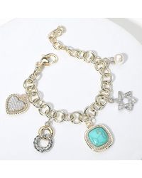 Fashnzfab - 14K Plated Cz Stone Paved Heart Jewish Star Pearl Western Stone Cluster Charm Station Bracelet - Lyst