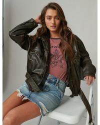 Lucky Brand Leather Bomber Jacket - Gray