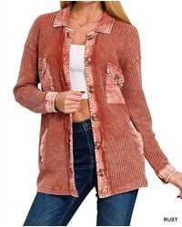 Zenana - Tori Waffle Knit Acid Wash Shacket - Lyst
