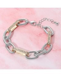 Fashnzfab - Stone Paved Two Tone Textured Metal Link Chain Bracelet Clear, Two Tone - Lyst