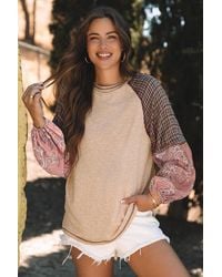 TRUEDAMES - Mixed Print Raglan Sleeve Ribbed Knit Patchwork Blouse - Lyst