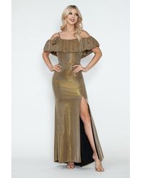 TRUEDAMES - Off-Shoulder Glitter Knit Gown With Ruffled Overlay And Side Slit For Formal Events - Lyst