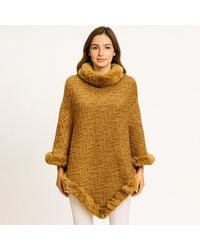 TRUEDAMES - Textured Faux Fur Trim Cape Poncho - Lyst