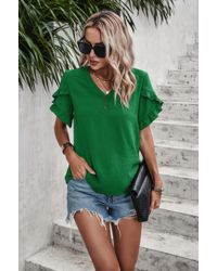 TRUEDAMES - Solid Button V Neck Ruffle Sleeves Blouse - Lyst