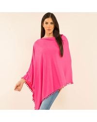 TRUEDAMES - Pom Pom Trim Solid Asymmetrical Poncho - Lyst