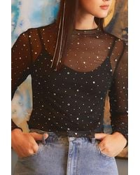 TRUEDAMES - Rhinestone Sheer Mesh Slim Fit Long Sleeve Top - Lyst