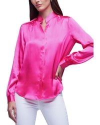 L'Agence - Bianca Band Collar Silk Blouse - Lyst