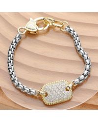 Fashnzfab - 14K Plated Cz Stone Paved Dog Tag Charm Pointed Bracelet Two Tone - Lyst