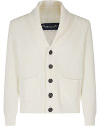 Drumohr - Cream Shawl Collar Ribbed Knit Virgin Wool Cardigan - Lyst