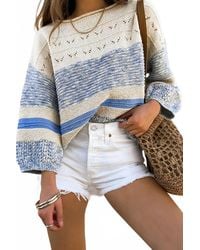 Shewin - Striped Hollow Out Puff Sleeve Sweater - Lyst