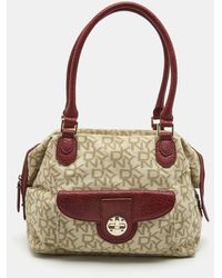 DKNY - /beige Monogram Canvas And Leather Turnlock Pocket Satchel - Lyst