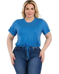 Fashnzfab - Plus Size Tie Front Drawstring Short Sleeve Crop Top - Lyst