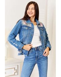TRUEDAMES - Baeful Leopard Floral Distressed Raw Hem Denim Jacket - Lyst
