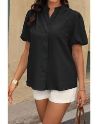 TRUEDAMES - Button Down Lantern Puff Short Sleeve V Neck Top - Lyst