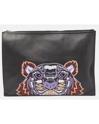 KENZO - Tiger Embroidered Leather Zip Flat Pouch - Lyst
