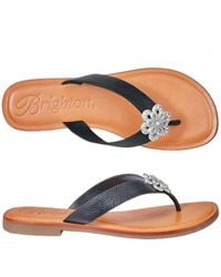 Brighton - Aster Flower Embellished Blk Leather Flat Thong Slip On Sandal - Lyst