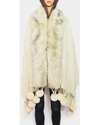 TRUEDAMES - Faux Fur Trim Pom Pom Dangle Poncho - Lyst