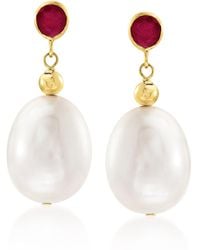 Ross-Simons - 9.5-10.5mm Cultured Pearl And . Ruby Drop Earrings - Lyst